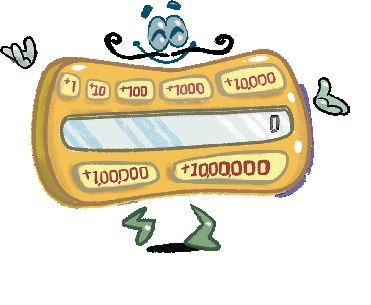 this image shows a calculator in the form of a cartoon with long mustache, this Creative Chitti has seven buttons with +1,+10,+1000,+10000,+100000,+1000000 marked on them.