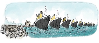 This image shows the Gate Way of India. Nine Titanic Ships are ancored in the sea. A large number of people are waiting for their turn for the ship.